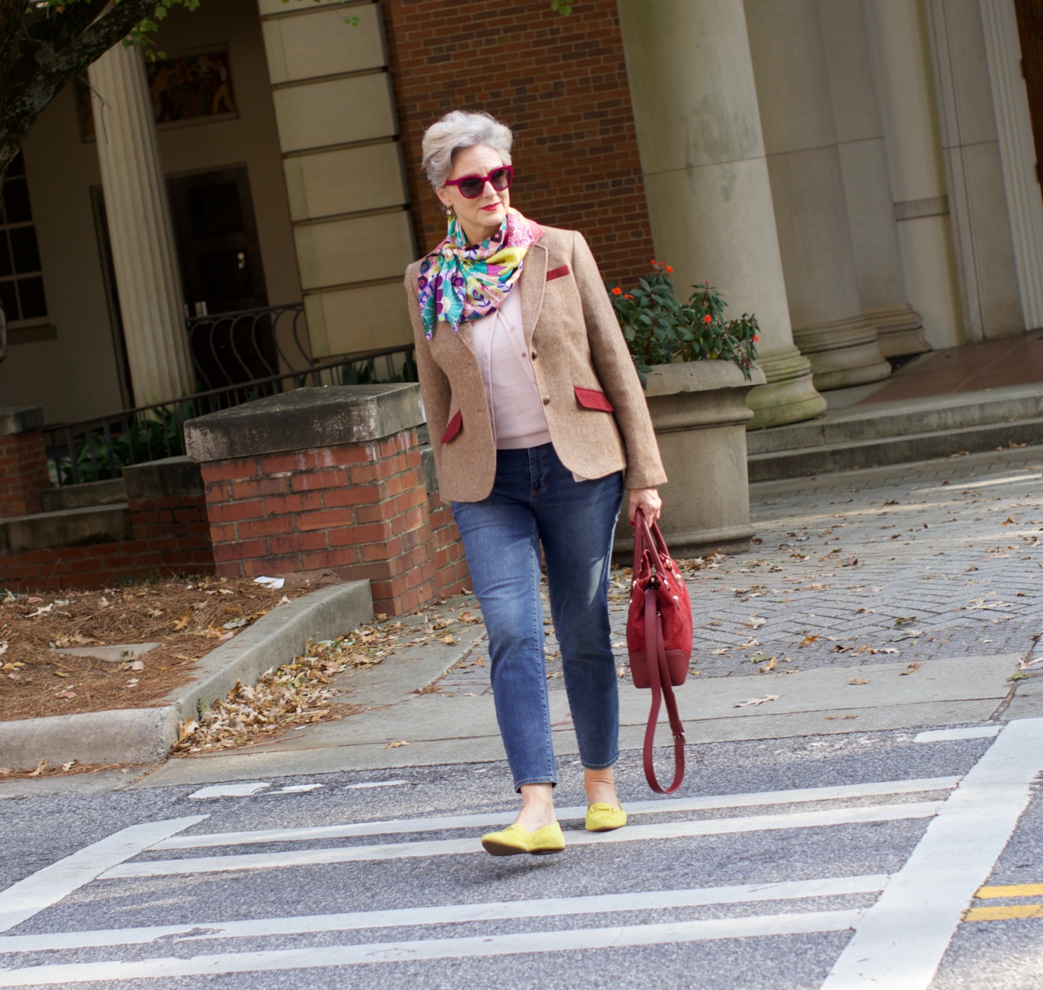 Talbots cardigan, silk scarf, leopard shoes