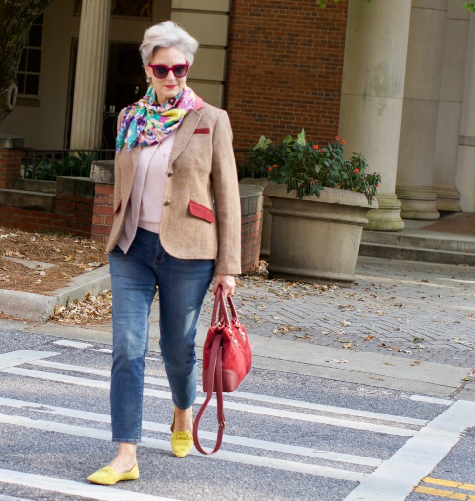 Talbots cardigan, silk scarf, leopard shoes