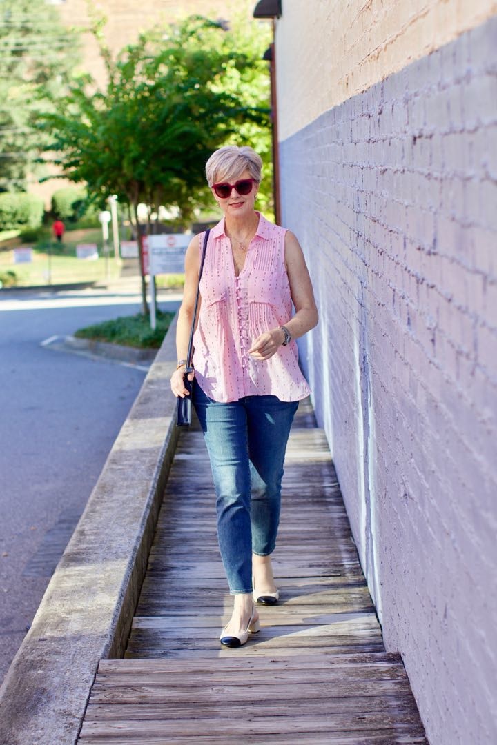 tweed blazer, silk button down, denim