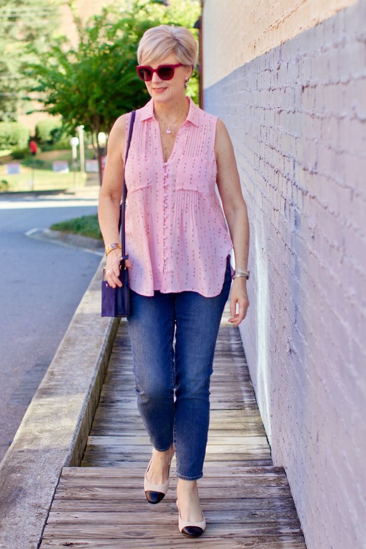 tweed blazer, silk button down, denim