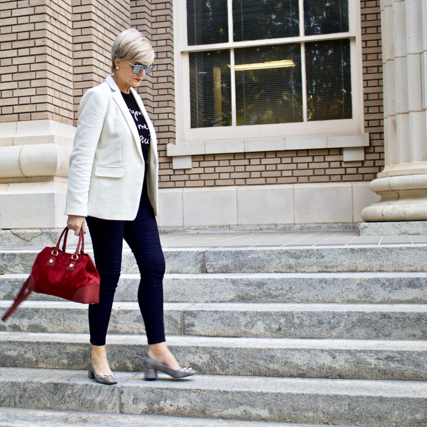 blazer, sweater, blue jeans