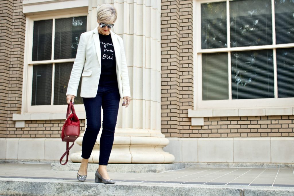 blazer, sweater, blue jeans