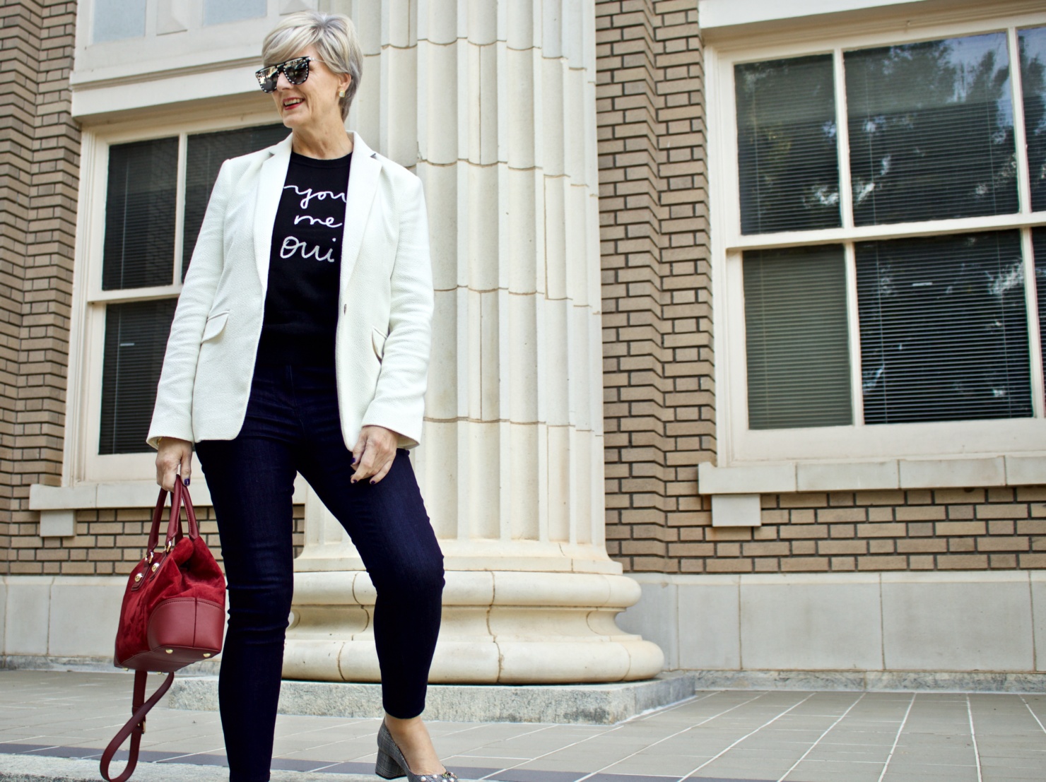 blazer, sweater, blue jeans