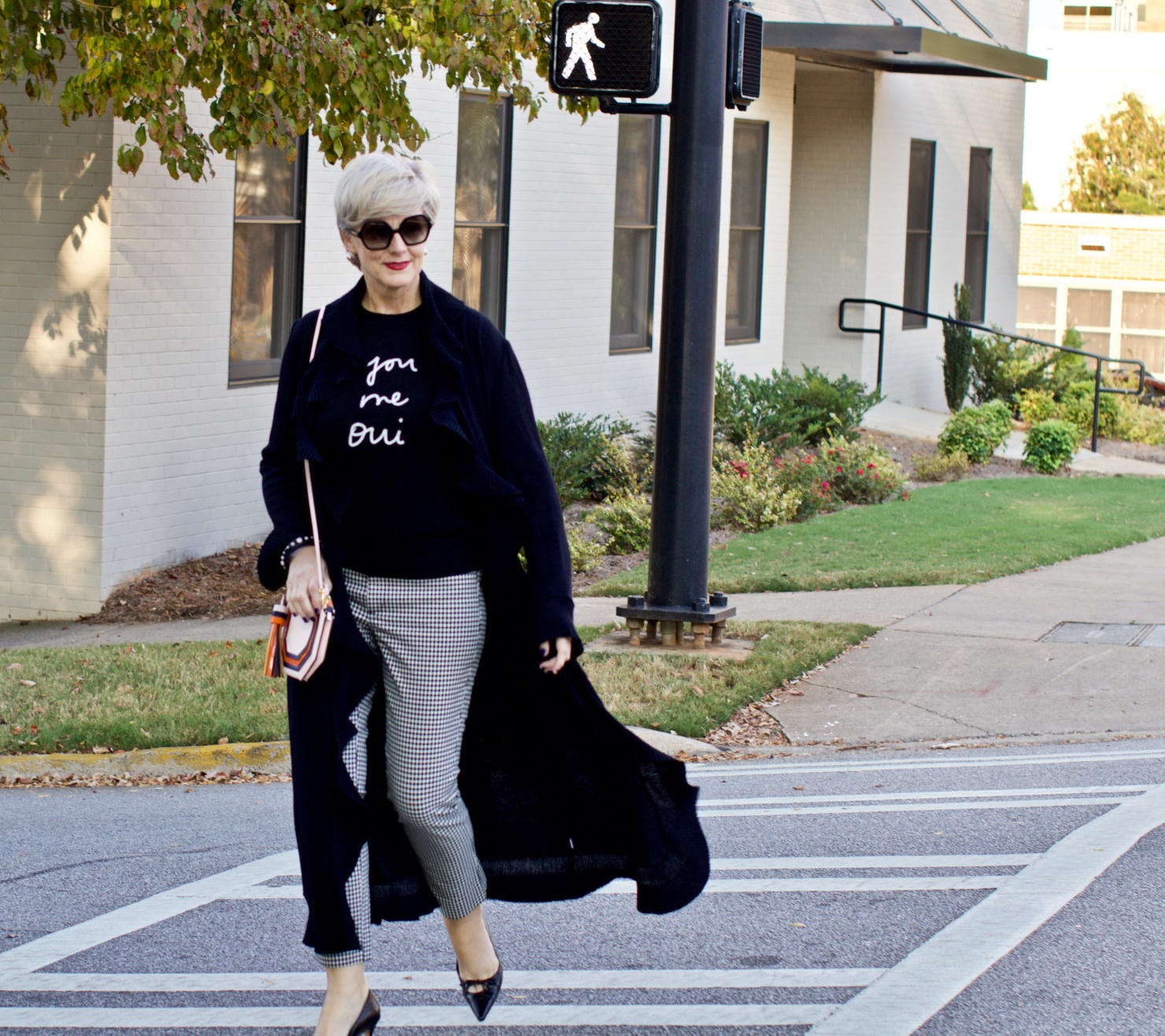 st. john cardigan, banana republic houndstooth pants and embroidered sweater