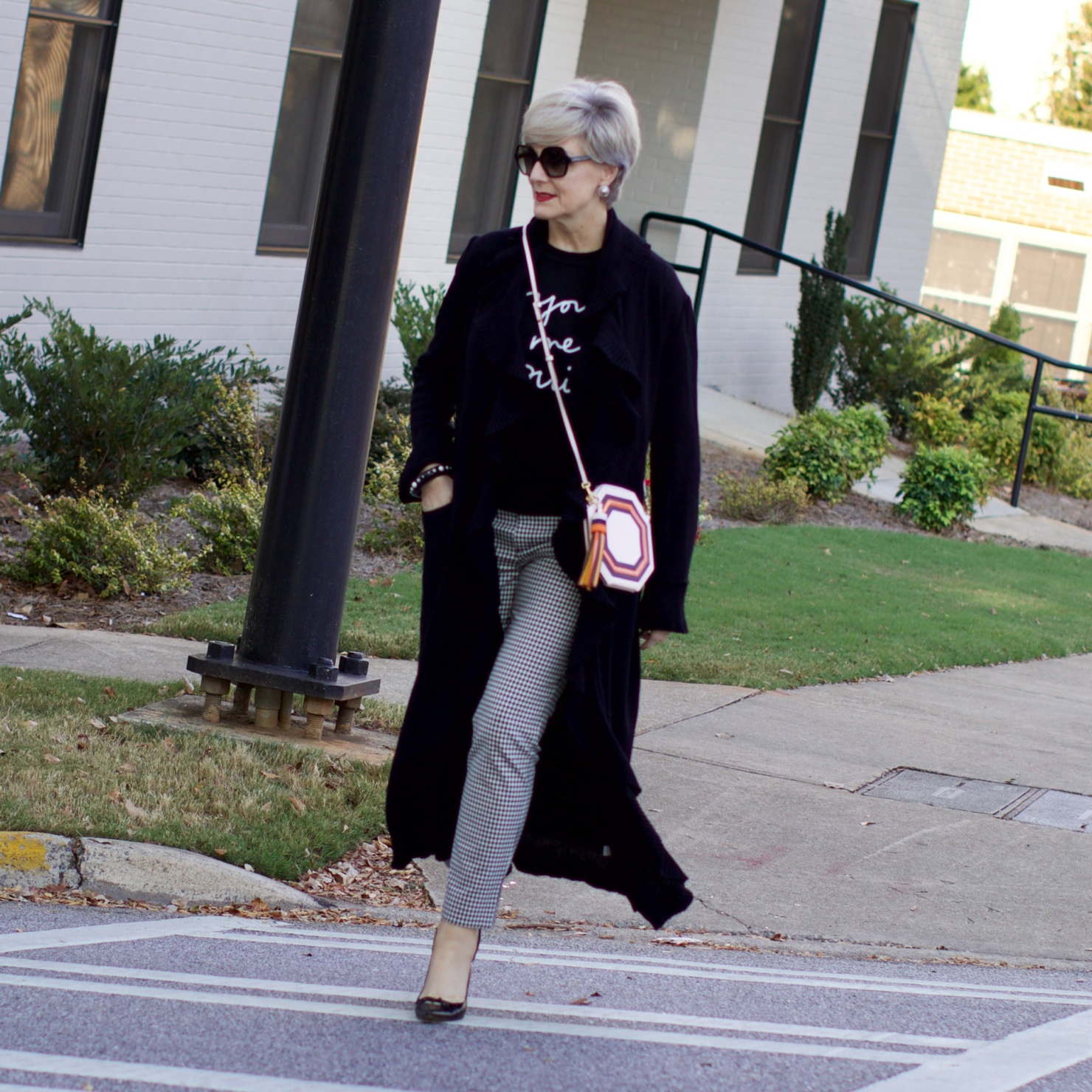 st. john cardigan, banana republic houndstooth pants and embroidered sweater