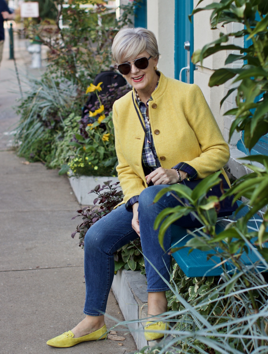 yellow blazer, plaid shirt, yellow driving moc's