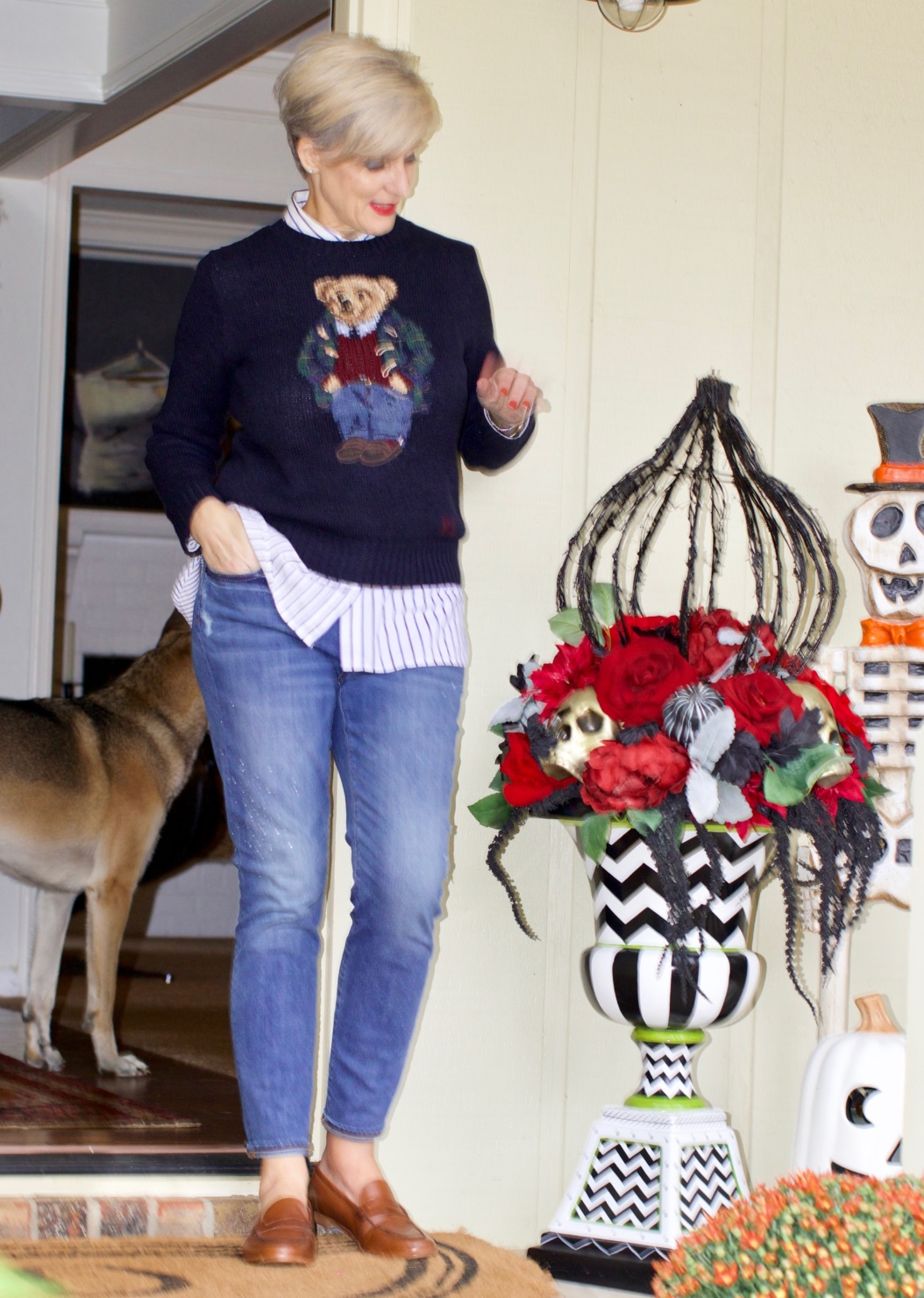 fall home design updates from beth at a Style at a Certain Age who is wearing a Ralph Lauren Polo Bear sweater, J.Crew skinny jeans, and J.Crew Ryan Loafers