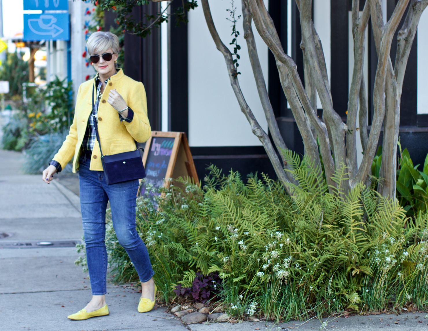 yellow blazer, plaid shirt, yellow driving moc's