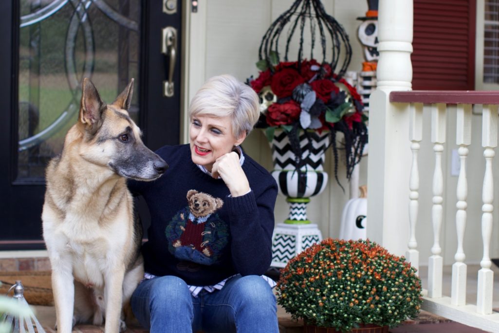 fall home design updates from beth at a Style at a Certain Age who is wearing a Ralph Lauren Polo Bear sweater, J.Crew skinny jeans, and J.Crew Ryan Loafers