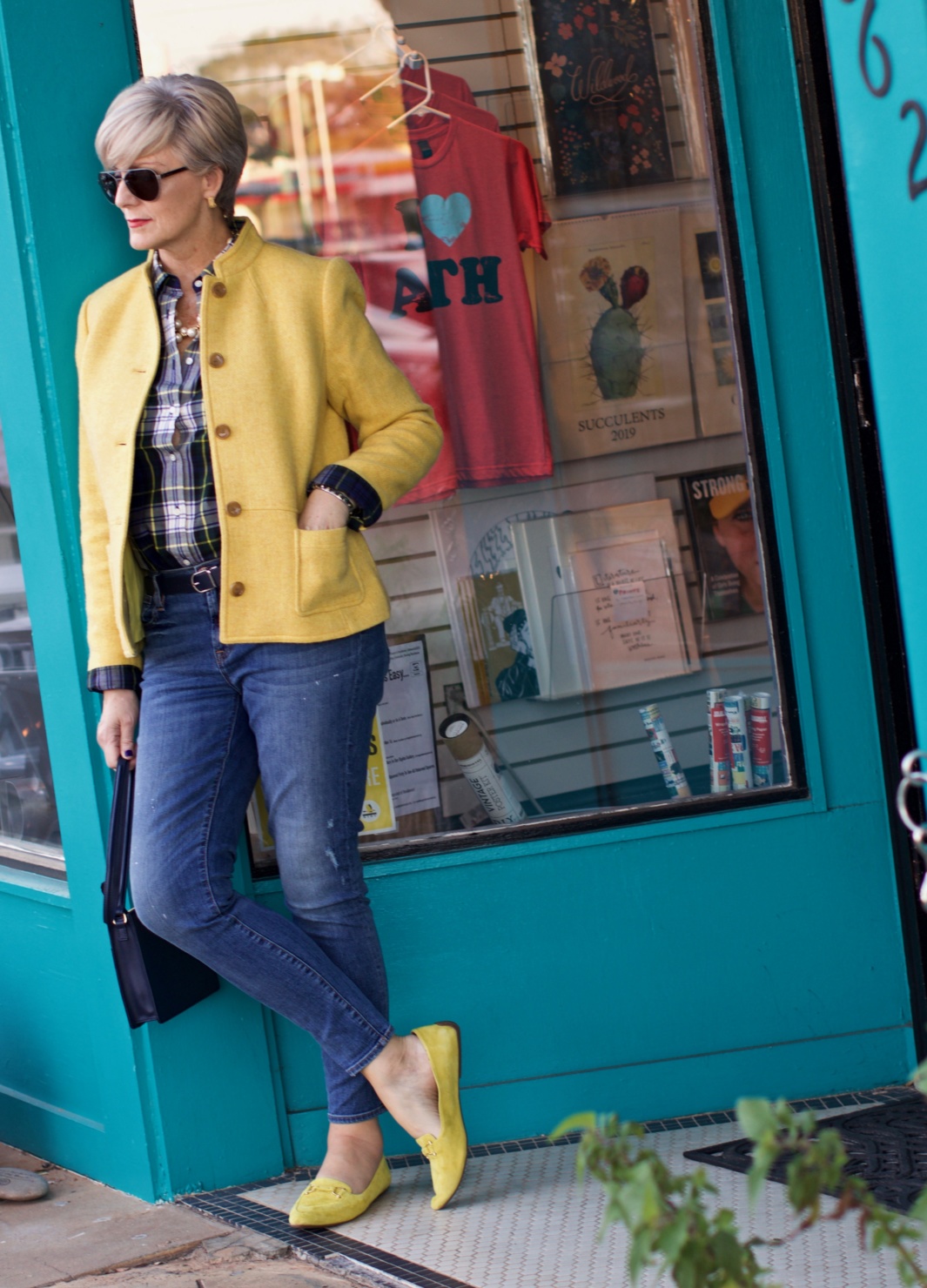 yellow blazer, plaid shirt, yellow driving moc's