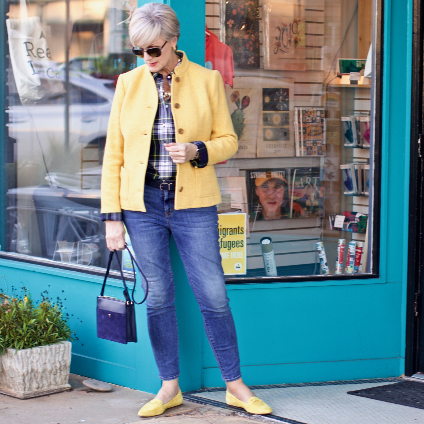 yellow blazer, plaid shirt, yellow driving moc's