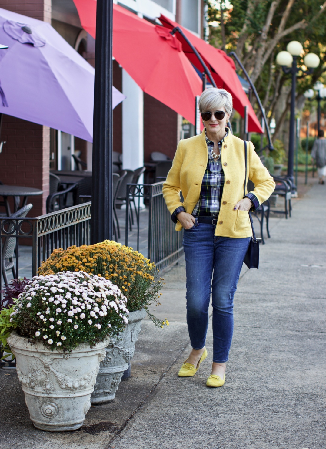 yellow blazer, plaid shirt, yellow driving moc's