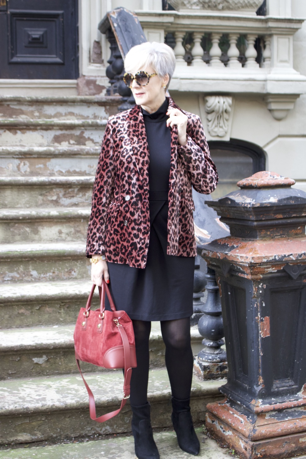 little black dress, leopard blazer, black booties