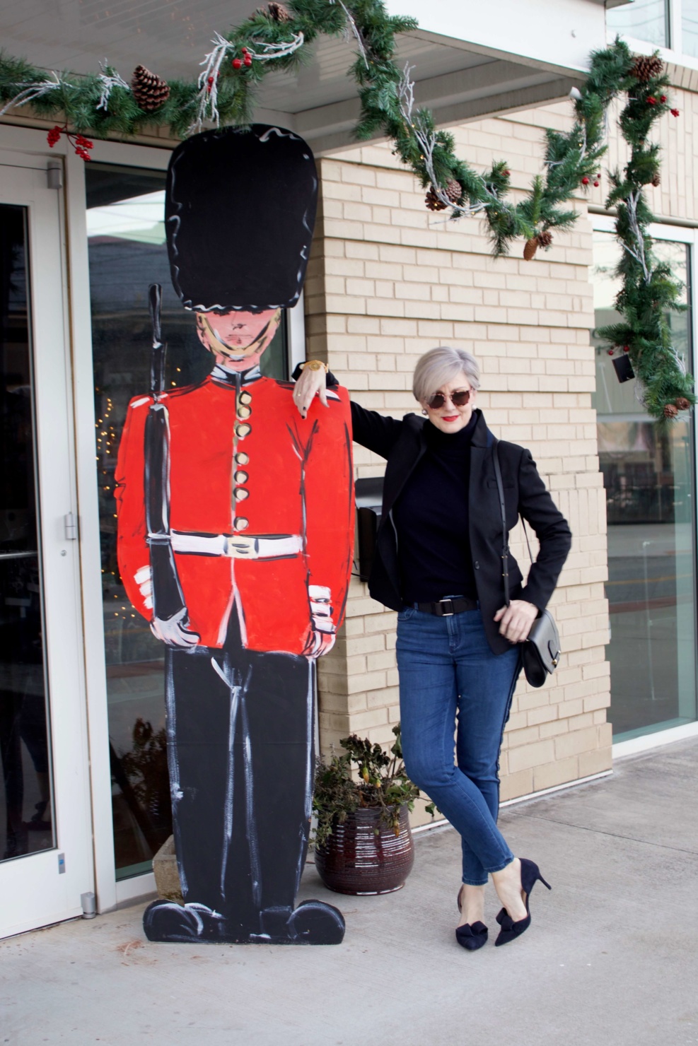 beth from style at a certain age wears tuxedo denim from Ann Taylor, cashmere turtleneck from Everlane and Parker blazer from J.Crew