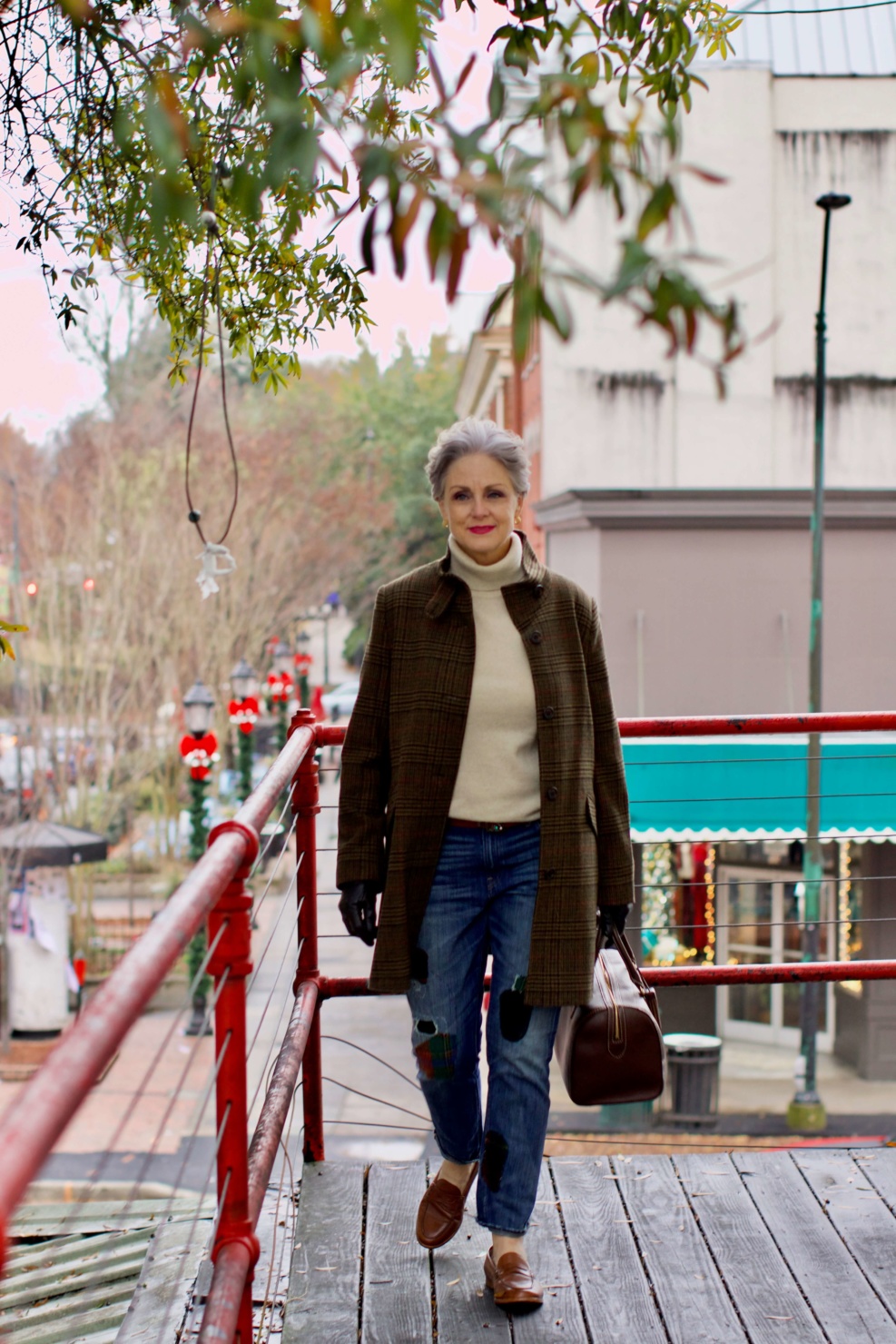 beth from Style at a Certain Age wears Ralph Lauren distressed jeans, Talbots cashmere turtleneck, J.Crew brown loafers, and Ralph Lauren glen plaid coat