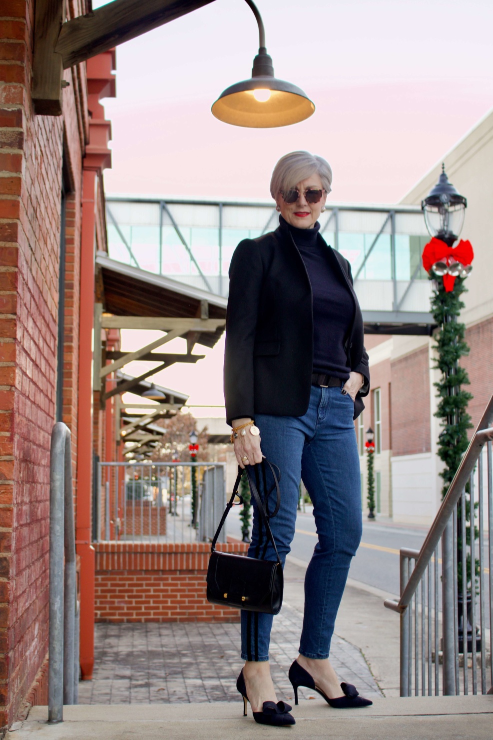 beth from style at a certain age wears tuxedo denim from Ann Taylor, cashmere turtleneck from Everlane and Parker blazer from J.Crew