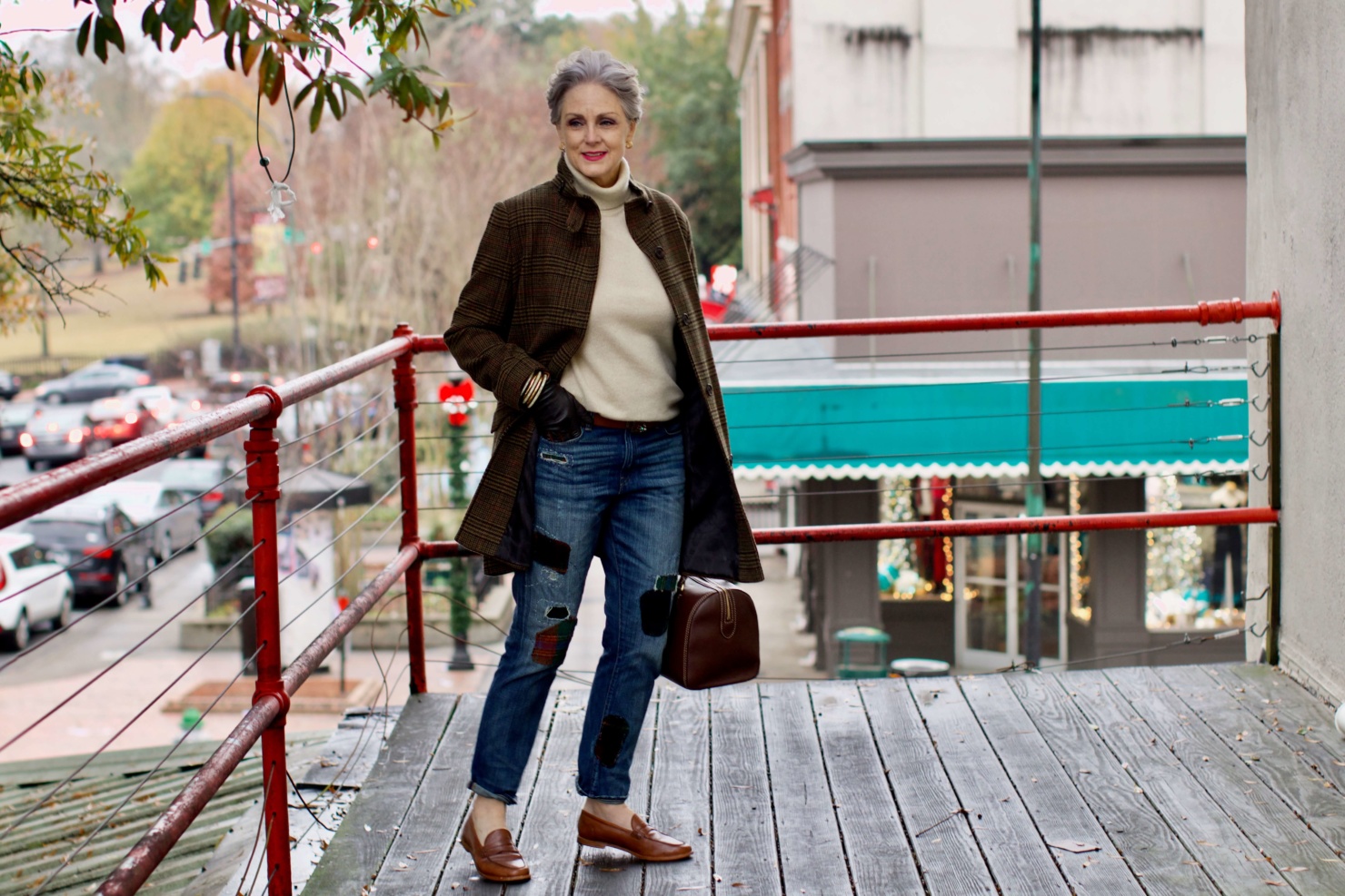 beth from Style at a Certain Age wears Ralph Lauren distressed jeans, Talbots cashmere turtleneck, J.Crew brown loafers, and Ralph Lauren glen plaid coat