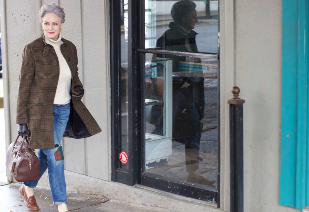 beth from Style at a Certain Age wears Ralph Lauren distressed jeans, Talbots cashmere turtleneck, J.Crew brown loafers, and Ralph Lauren glen plaid coat