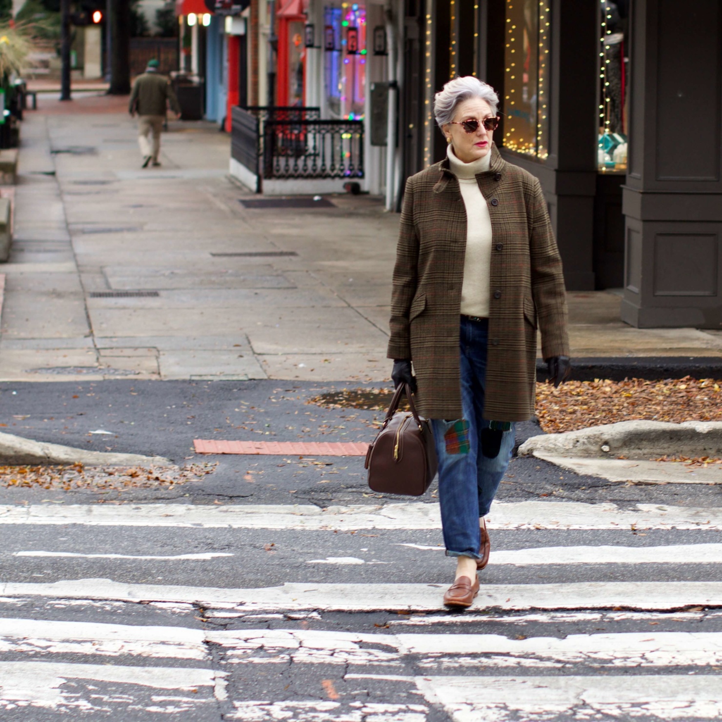 beth from Style at a Certain Age wears Ralph Lauren distressed jeans, Talbots cashmere turtleneck, J.Crew brown loafers, and Ralph Lauren glen plaid coat