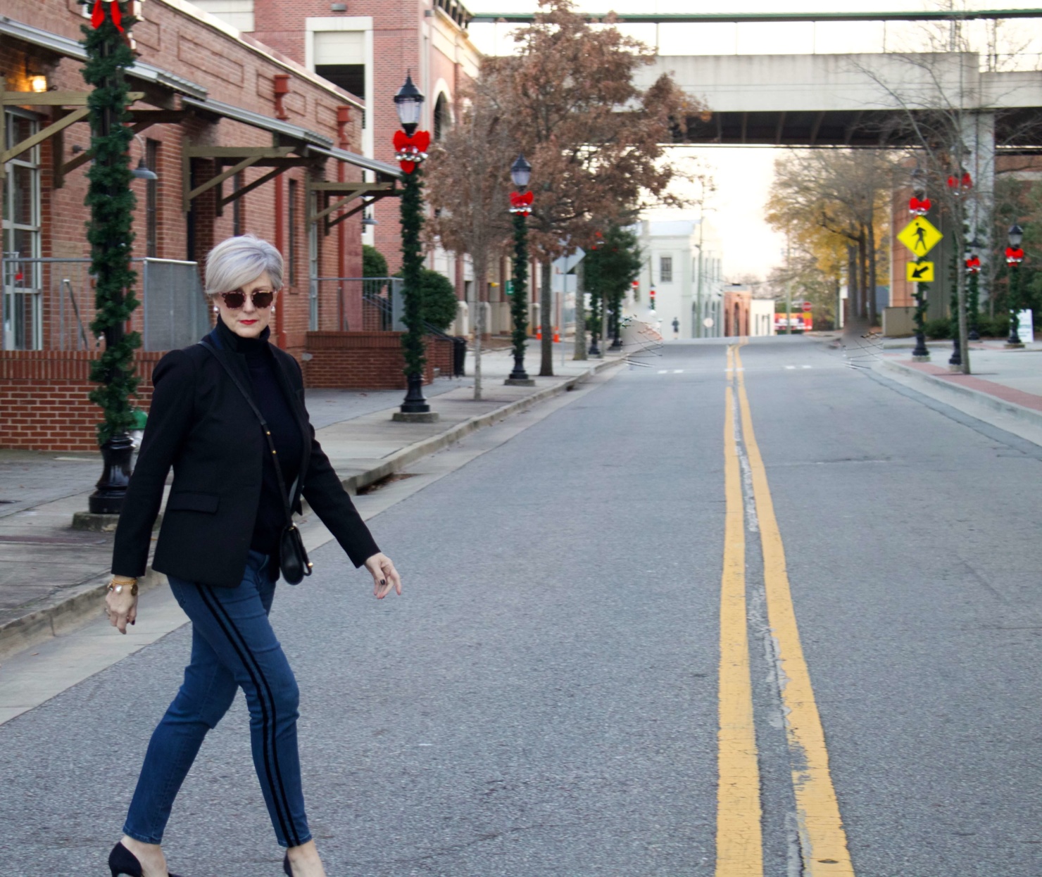 beth from style at a certain age wears tuxedo denim from Ann Taylor, cashmere turtleneck from Everlane and Parker blazer from J.Crew