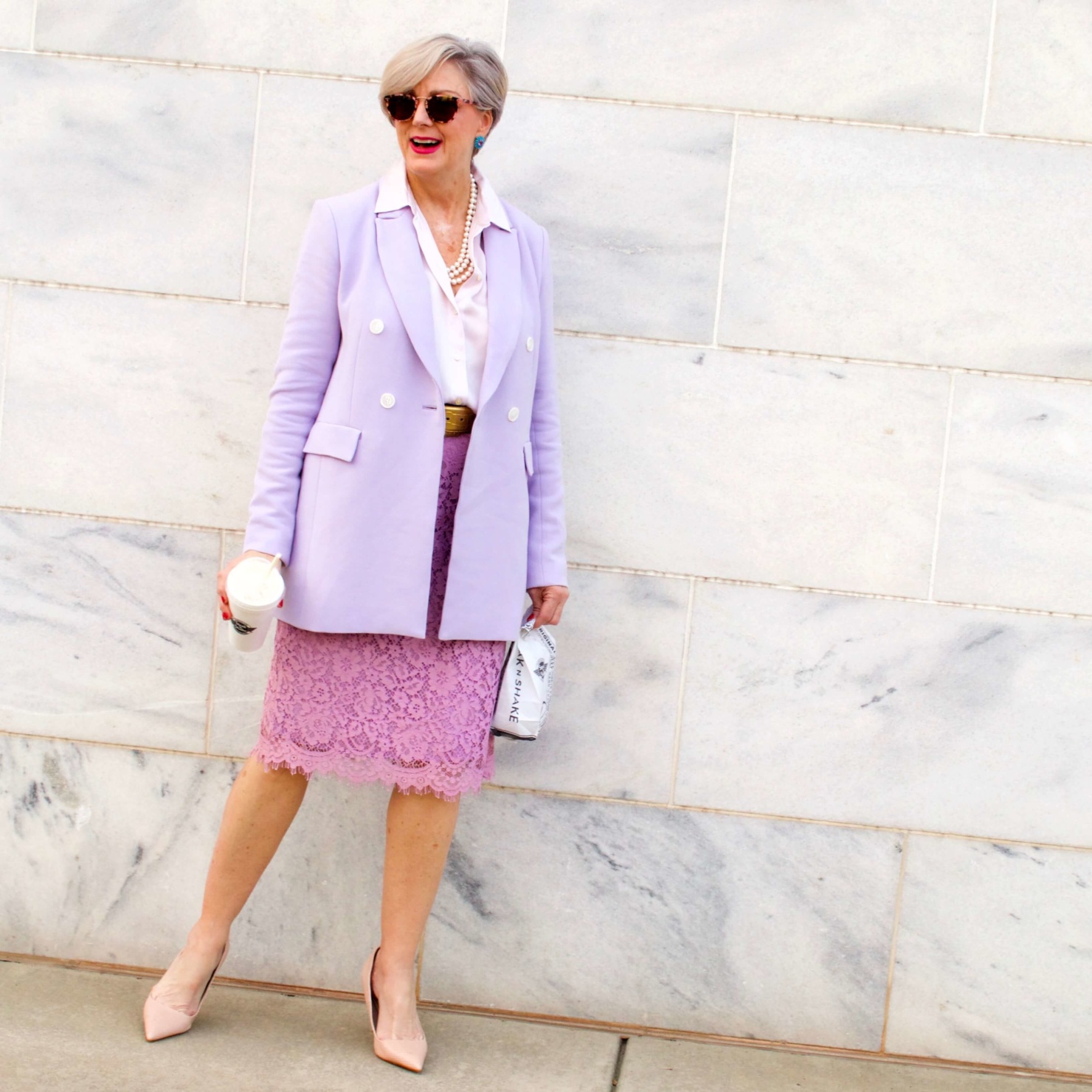 beth of Style at a Certain Age wears a double breasted blazer, lace skirt, charmeuse blouse and nude pumps for New Year's Eve