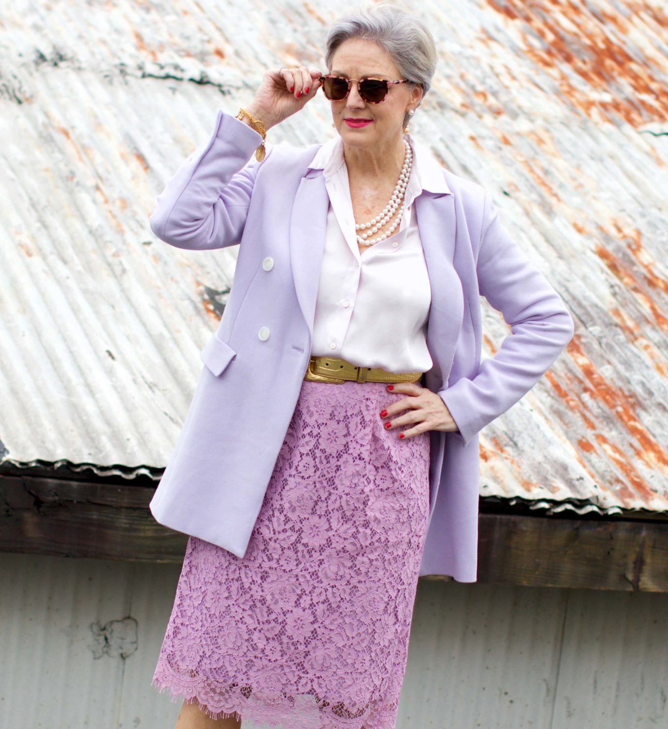 beth of Style at a Certain Age wears a double breasted blazer, lace skirt, charmeuse blouse and nude pumps for New Year's Eve