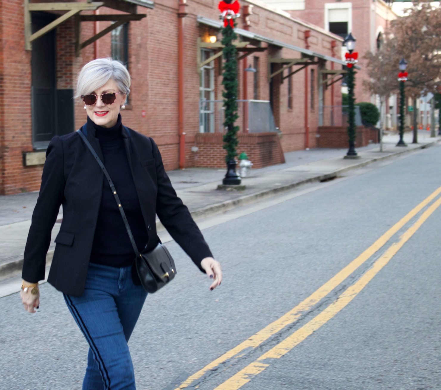 beth from style at a certain age wears tuxedo denim from Ann Taylor, cashmere turtleneck from Everlane and Parker blazer from J.Crew