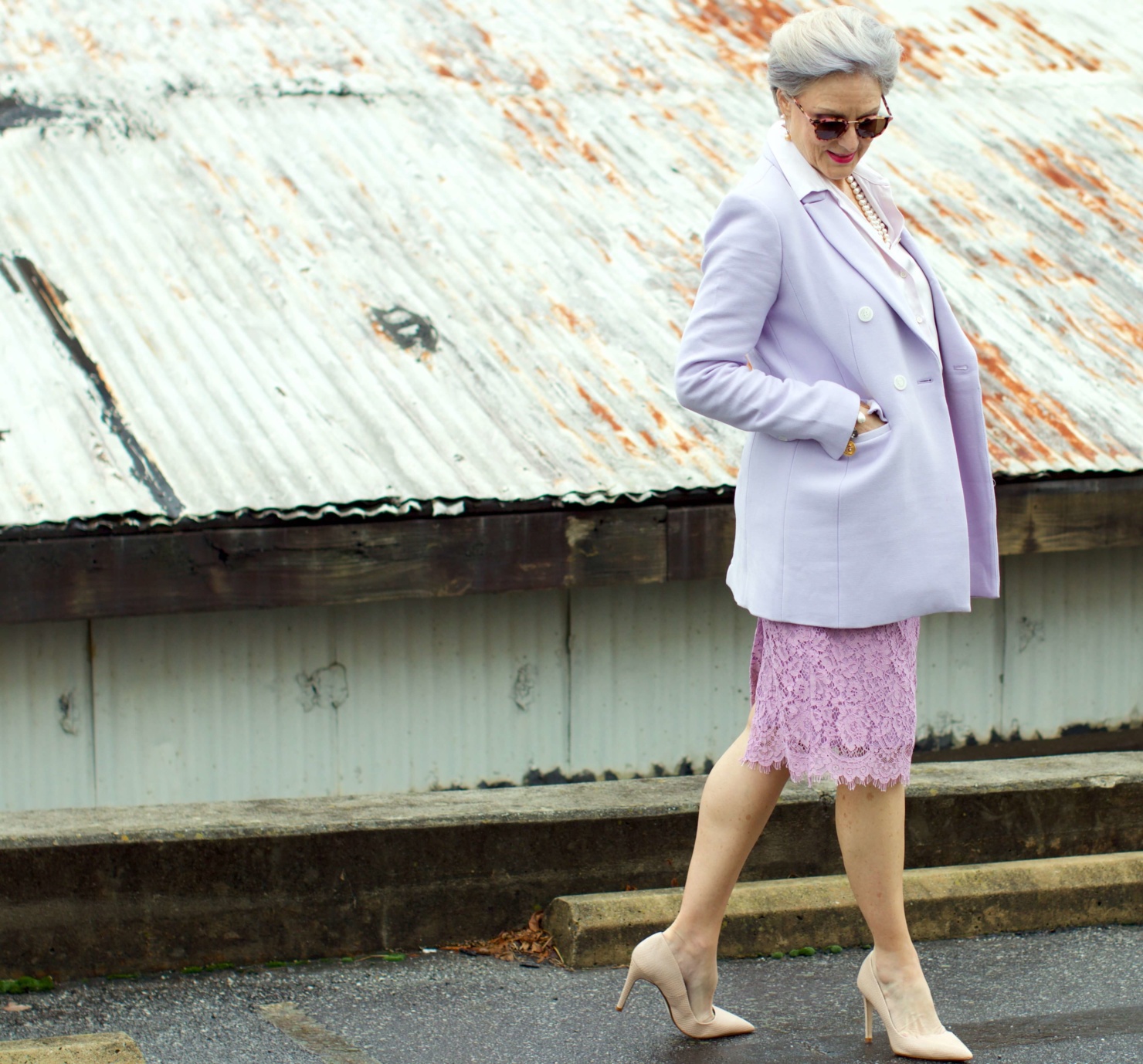 beth of Style at a Certain Age wears a double breasted blazer, lace skirt, charmeuse blouse and nude pumps for New Year's Eve