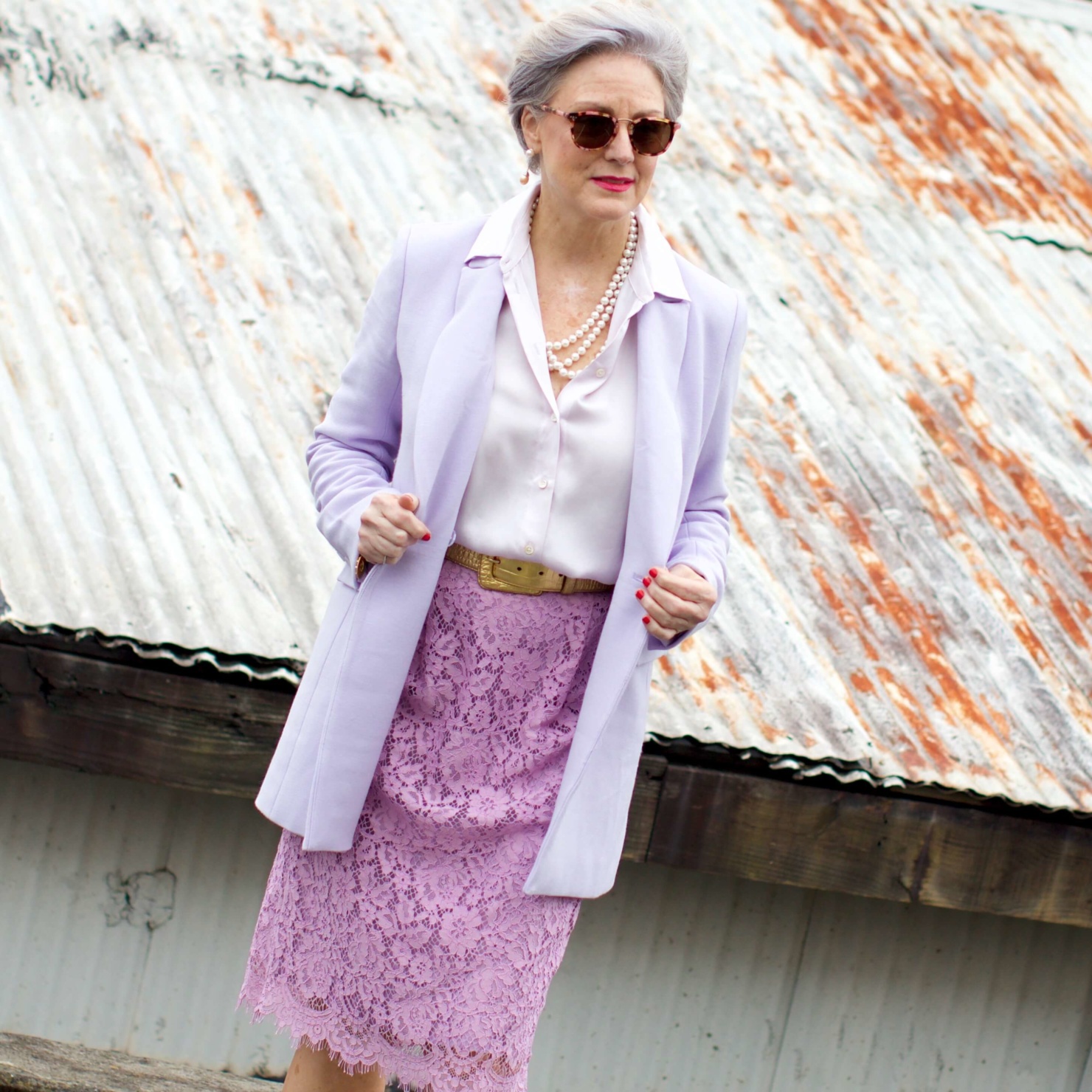 beth of Style at a Certain Age wears a double breasted blazer, lace skirt, charmeuse blouse and nude pumps for New Year's Eve