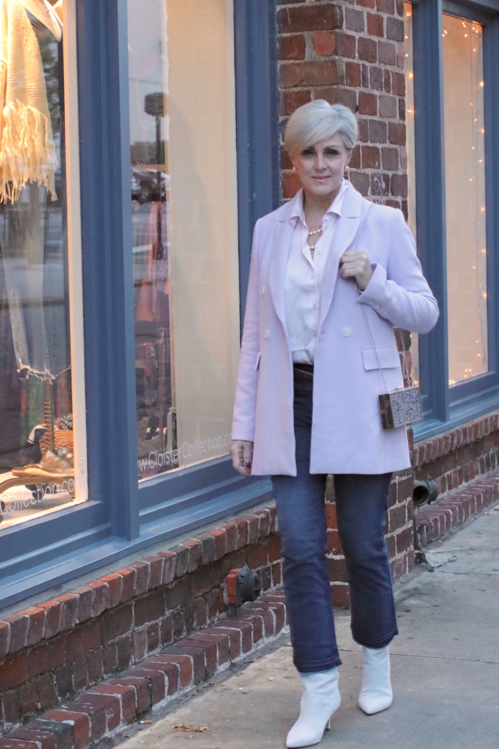 beth of Style at a Certain Age wears a double breasted blazer, lace skirt, charmeuse blouse and nude pumps for New Year's Eve