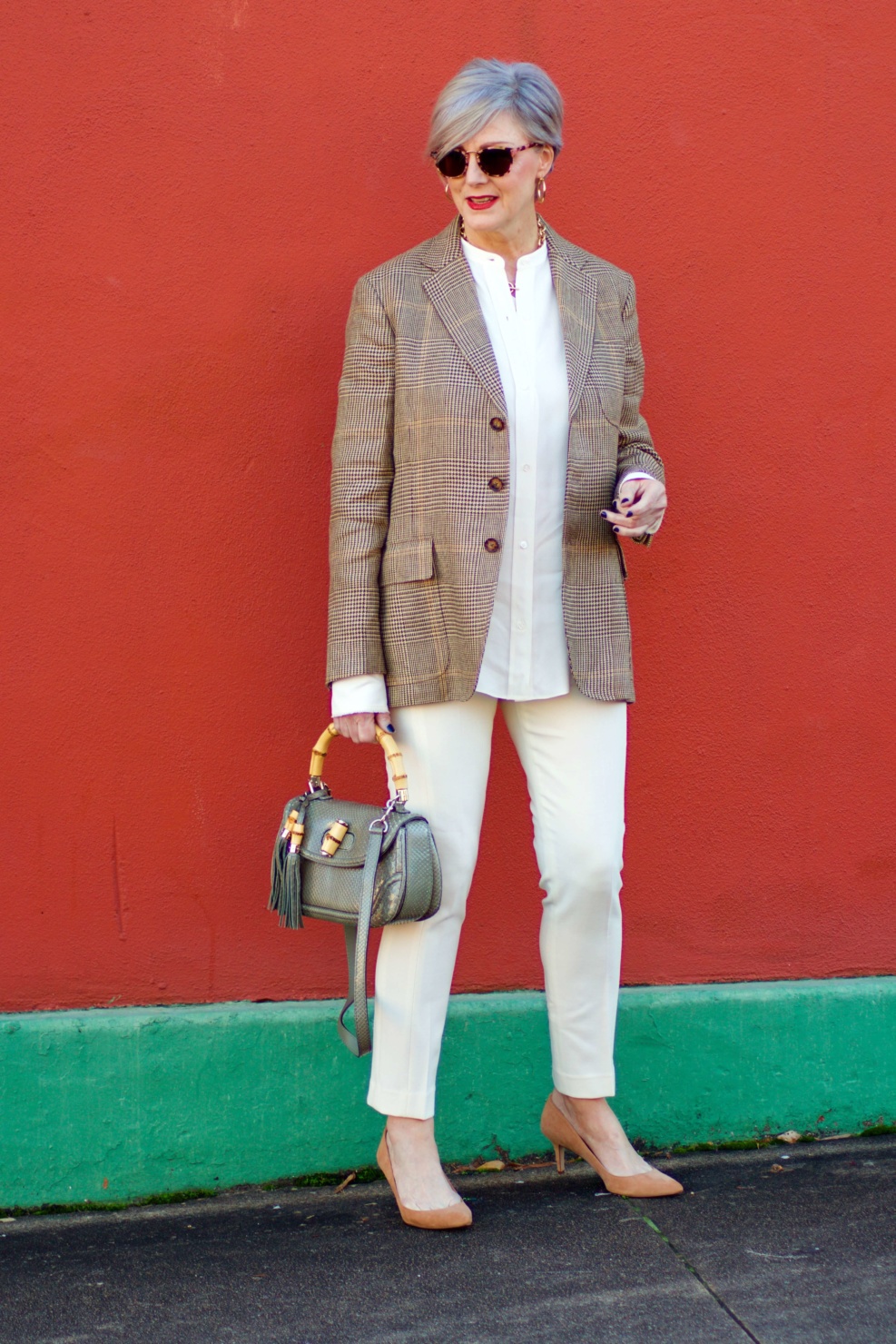 beth from Style at a Certain Age wears a Ralph Lauren blazer, Helmut Lang winter white blouse, J. crew Maddie pant, Ann Taylor suede pumps, and Gucci handbag