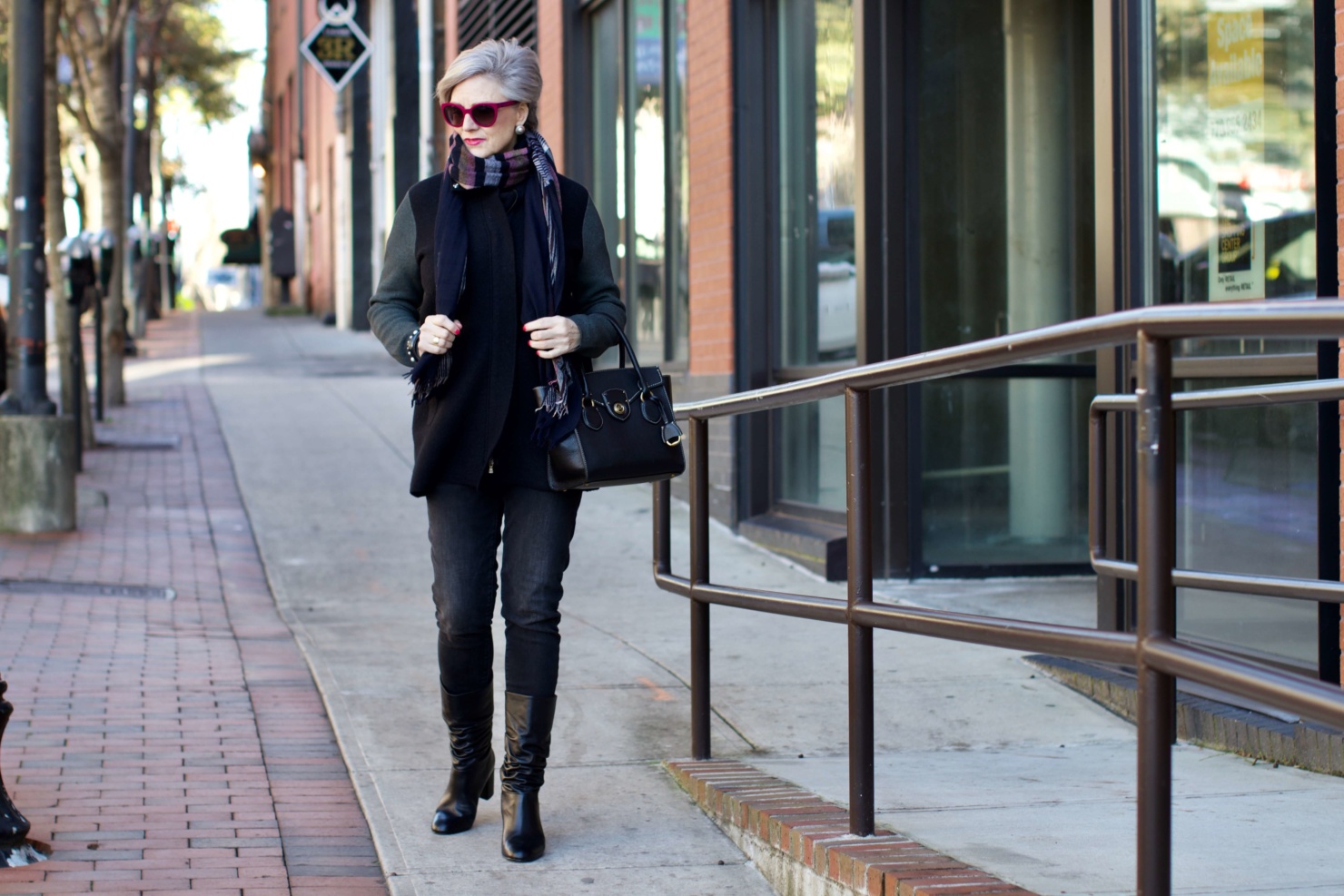 beth from Style at a Certain Age wears an Everlane cashmere waffle square turtleneck, J.Crew Factory black high rise skinny jean, Ann Taylor coatigan, Via Spiga black slouchy boots, Ralph Lauren black handbag, and wool scarf