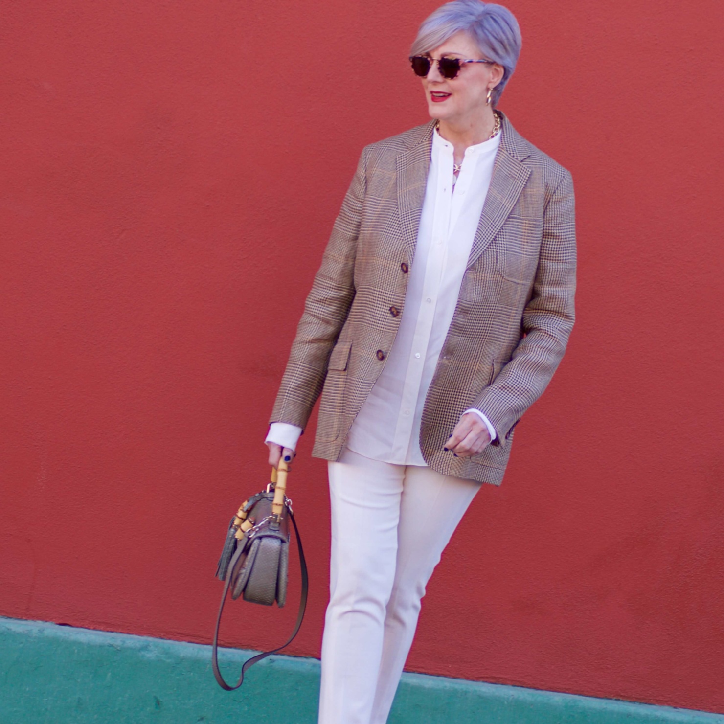 beth from Style at a Certain Age wears a Ralph Lauren blazer, Helmut Lang winter white blouse, J. crew Maddie pant, Ann Taylor suede pumps, and Gucci handbag