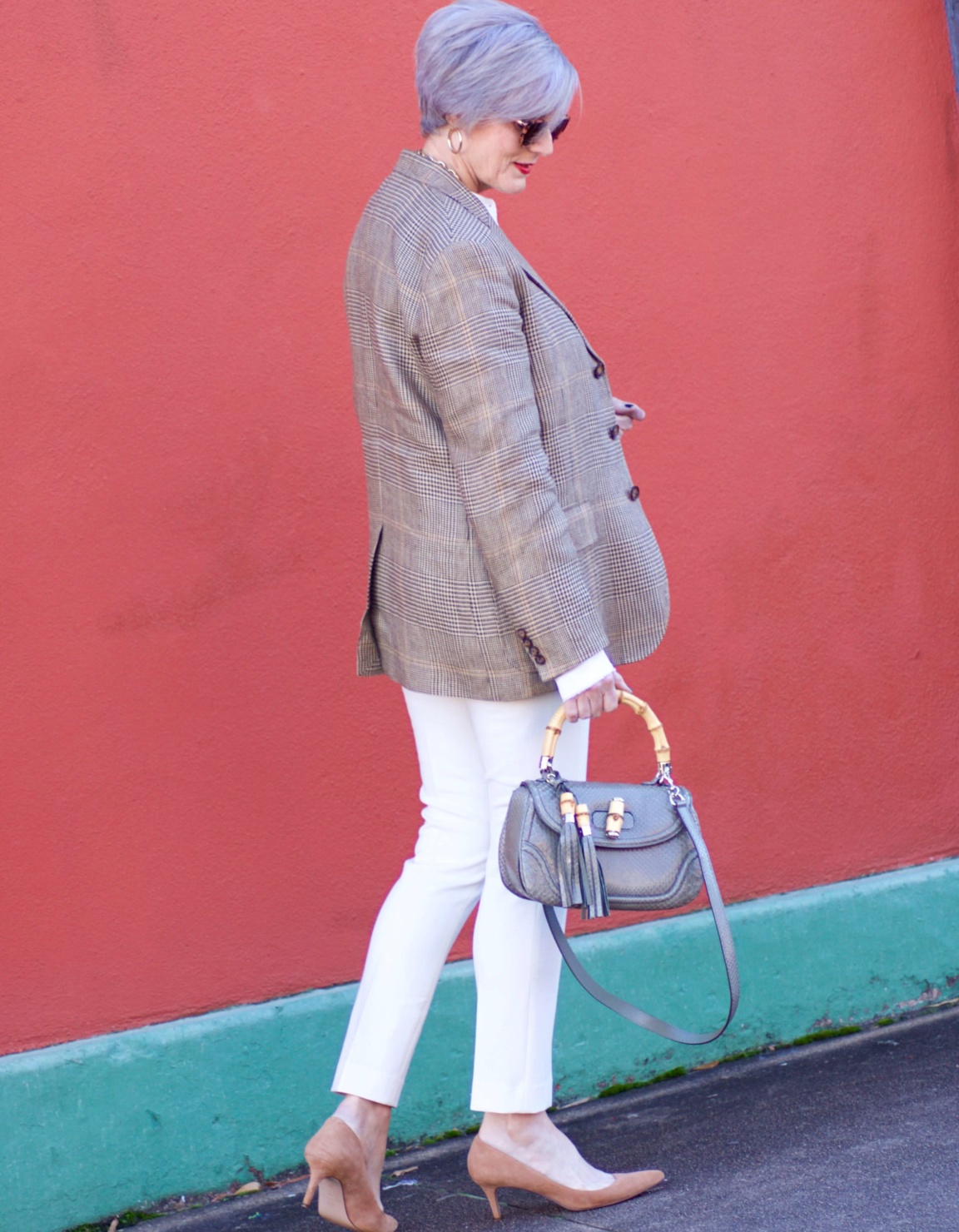 beth from Style at a Certain Age wears a Ralph Lauren blazer, Helmut Lang winter white blouse, J. crew Maddie pant, Ann Taylor suede pumps, and Gucci handbag