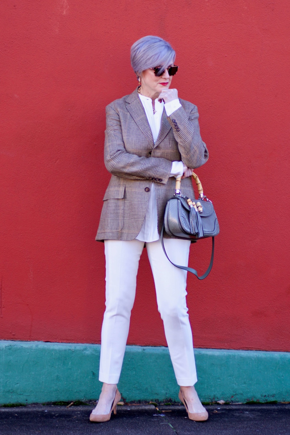 beth from Style at a Certain Age wears a Ralph Lauren blazer, Helmut Lang winter white blouse, J. crew Maddie pant, Ann Taylor suede pumps, and Gucci handbag