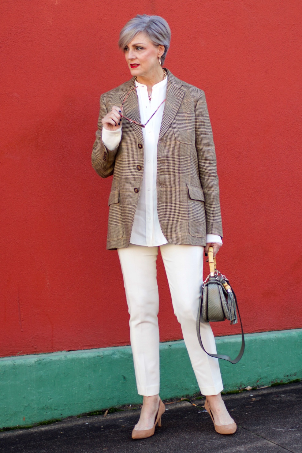 beth from Style at a Certain Age wears a Ralph Lauren blazer, Helmut Lang winter white blouse, J. crew Maddie pant, Ann Taylor suede pumps, and Gucci handbag