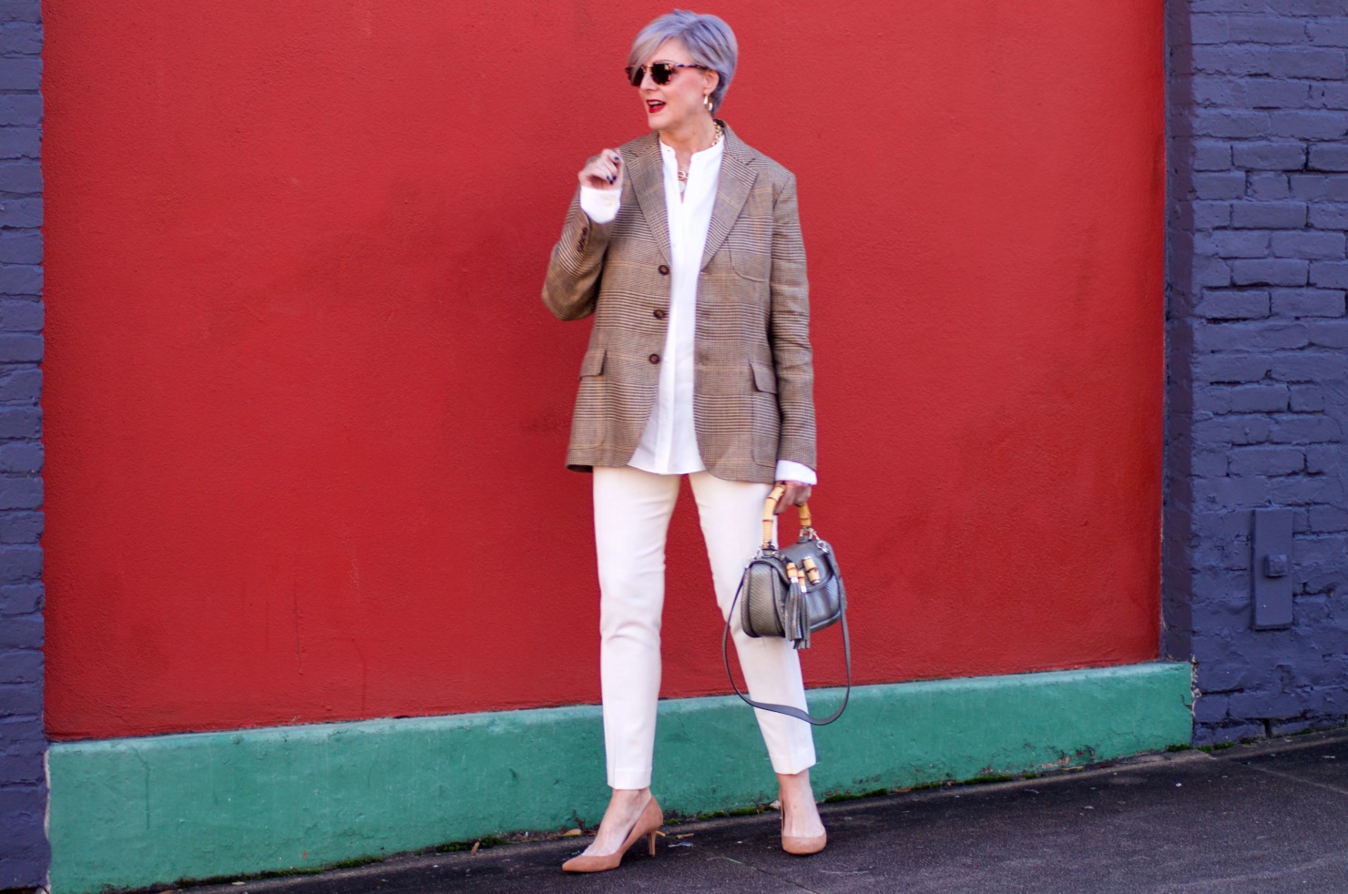 beth from Style at a Certain Age wears a Ralph Lauren blazer, Helmut Lang winter white blouse, J. crew Maddie pant, Ann Taylor suede pumps, and Gucci handbag