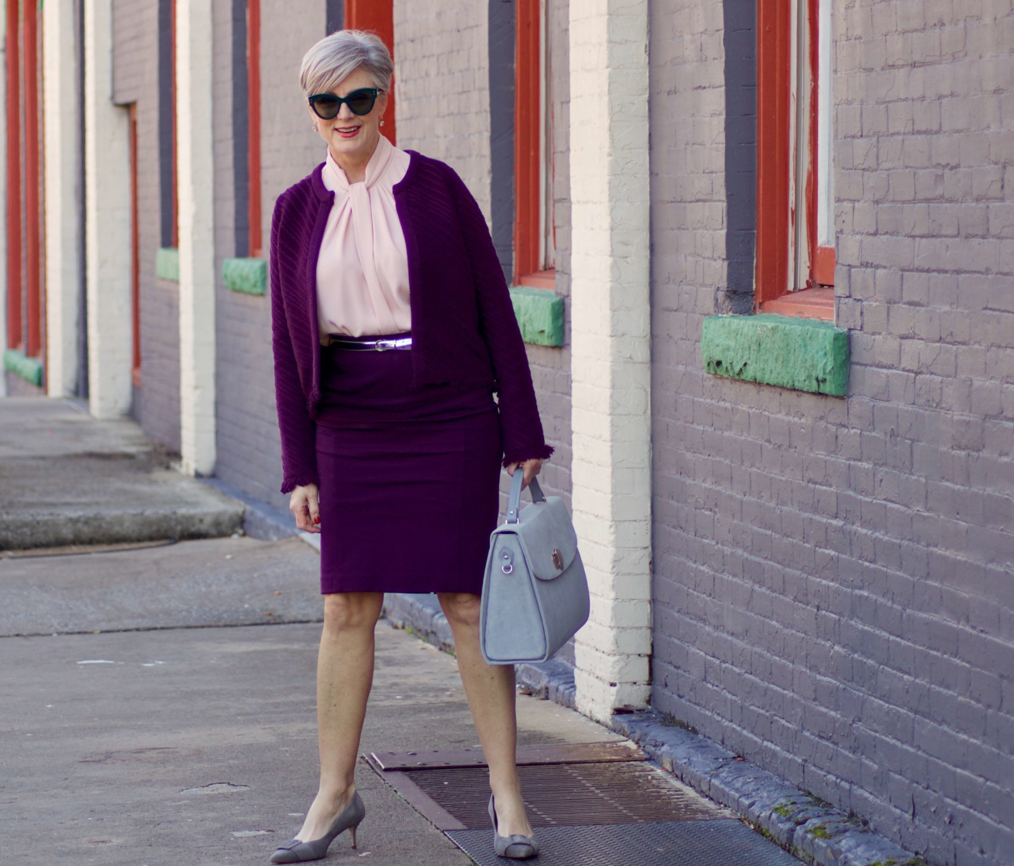 beth from Style at a Certain Age wears Ann Taylor ponte skirt, knot neck blouse, stitched fringe sweater