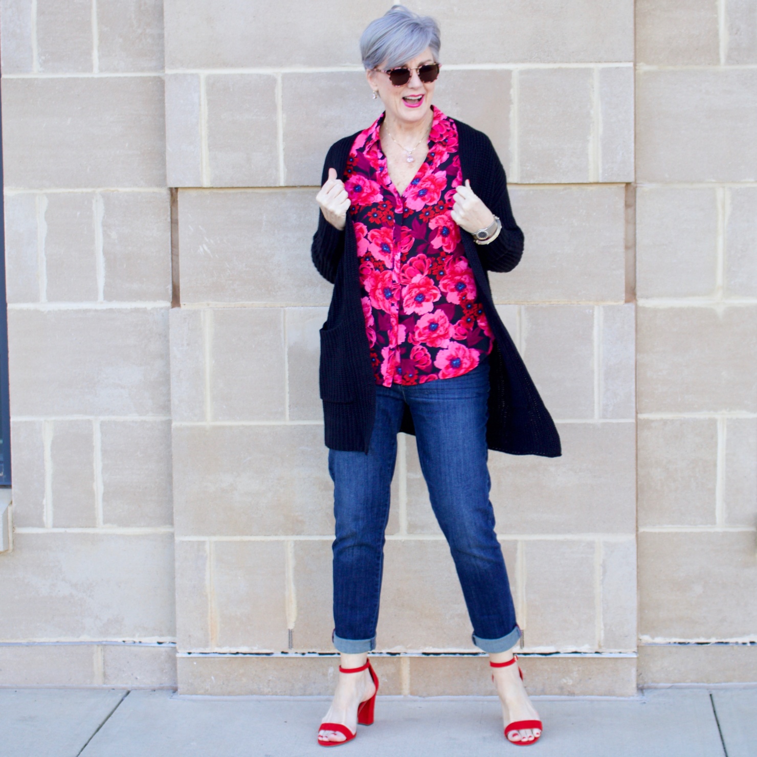 beth from Style at a Certain Age wears a floral blouse from the Love Now Wear Now collection from JCP