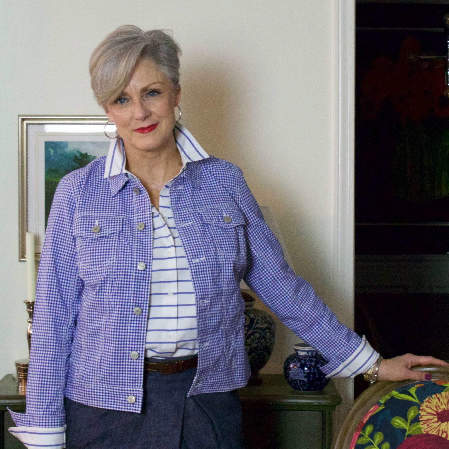 beth from Style at a Certain Age wears a gingham jean jacket