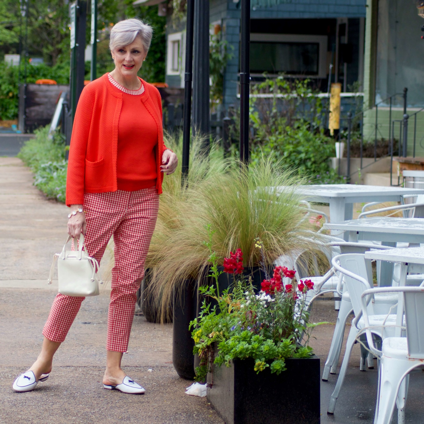 beth from Style at a Certain Age wears Ann Taylor gingham cropped pants, textured shell and cardigan