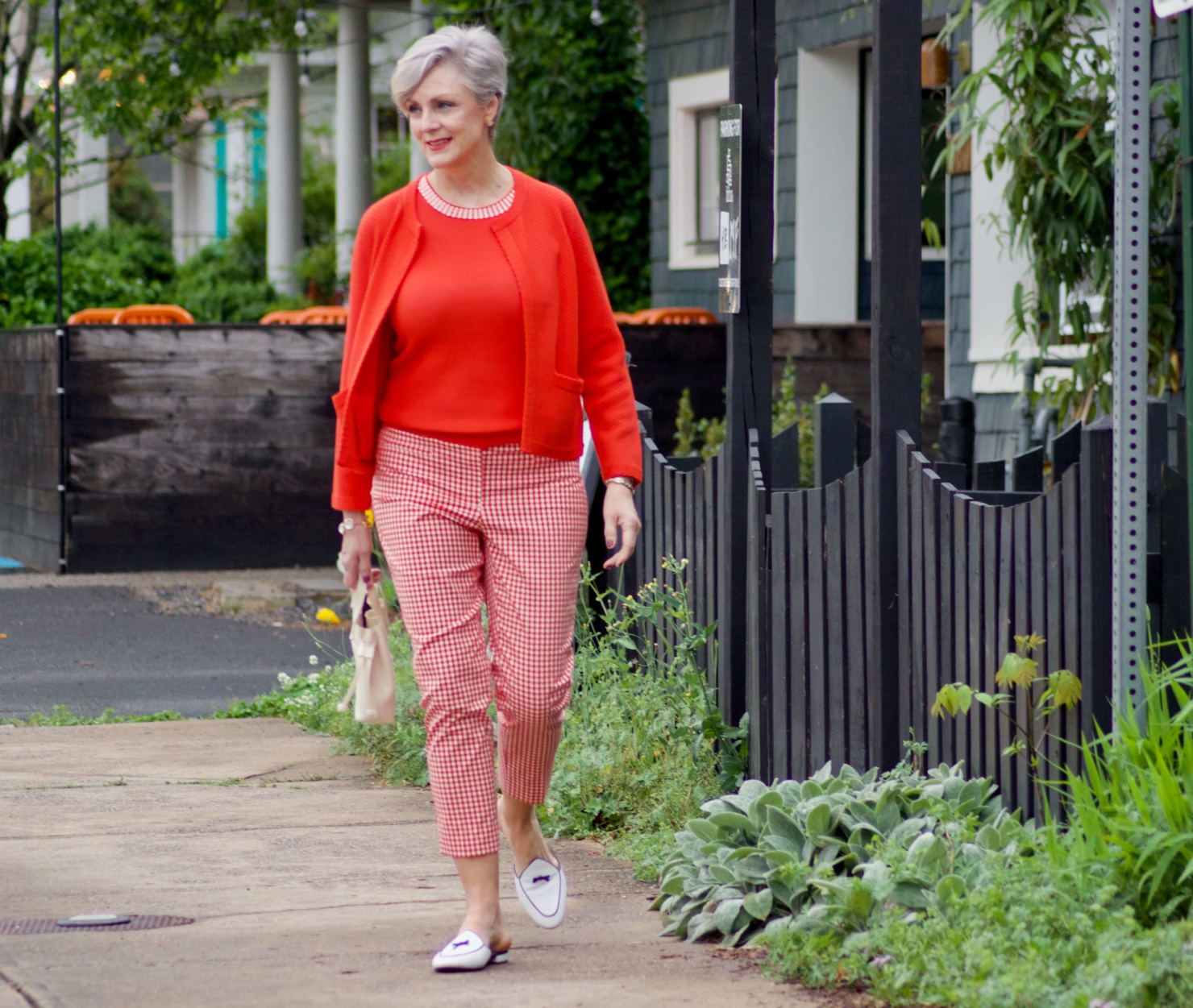 beth from Style at a Certain Age wears Ann Taylor gingham cropped pants, textured shell and cardigan