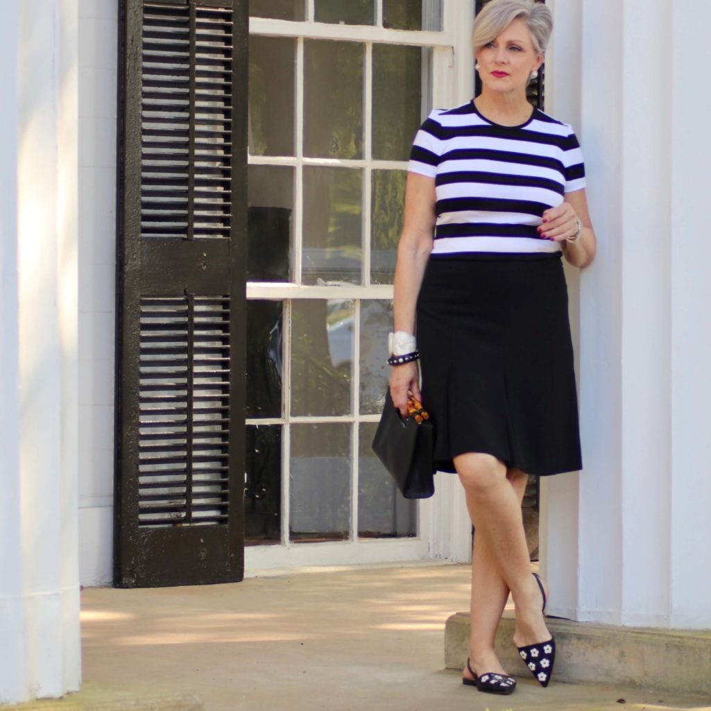 business casual | a-line skirt and striped tee