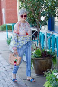 peasant blouse, striped jeans and pattern mixing