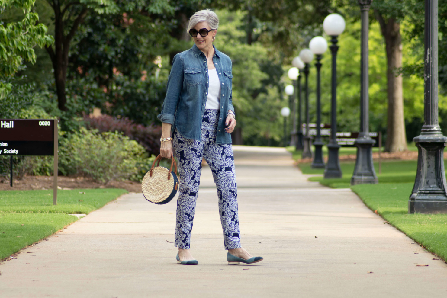 paisley pants, white tee, denim shirt, and ballet flats