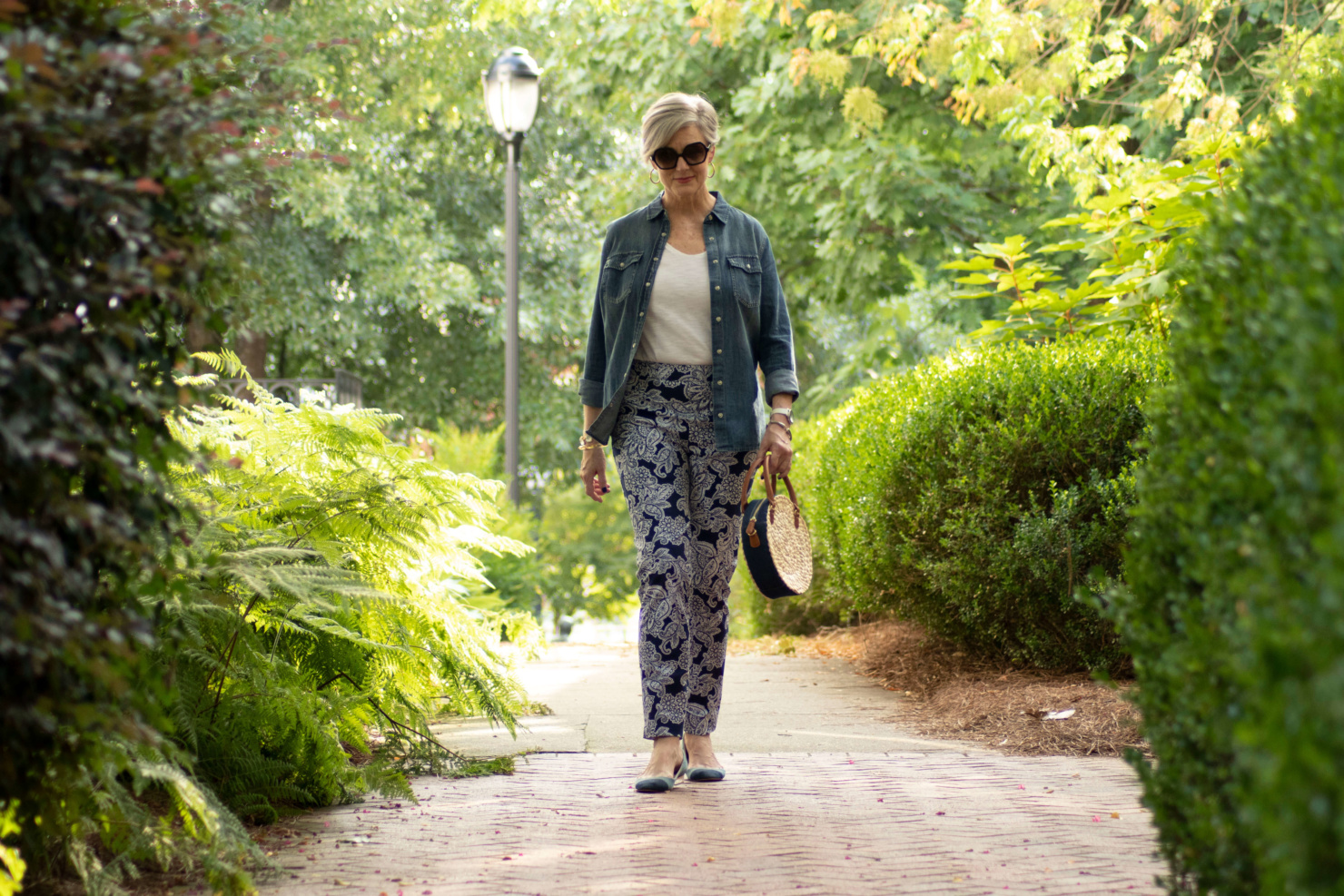 paisley pants, white tee, denim shirt, and ballet flats