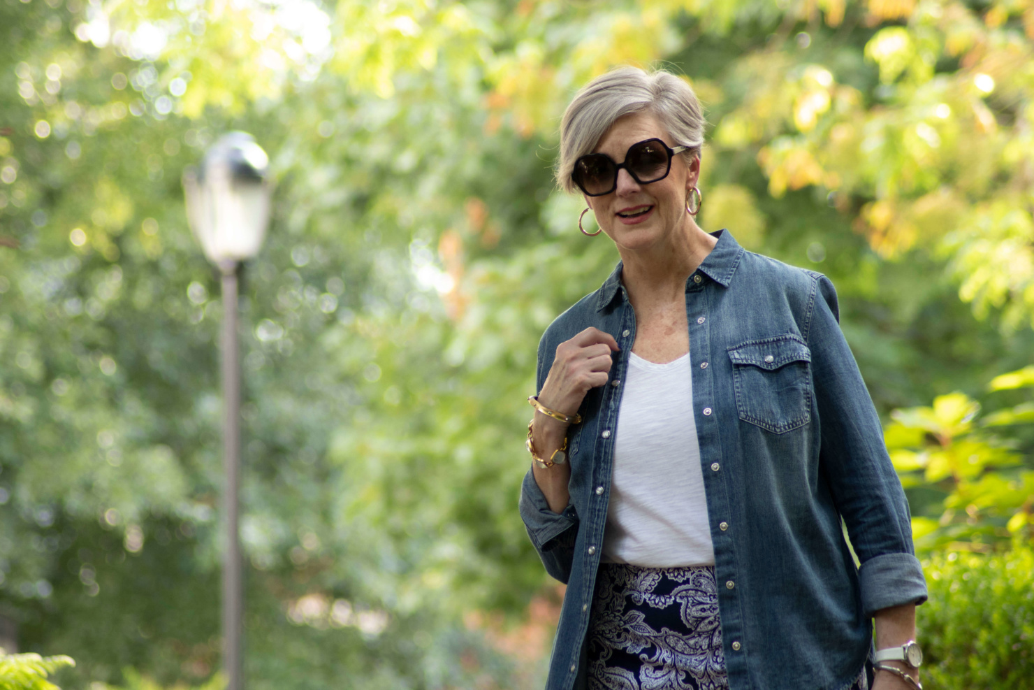 paisley pants, white tee, denim shirt, and ballet flats