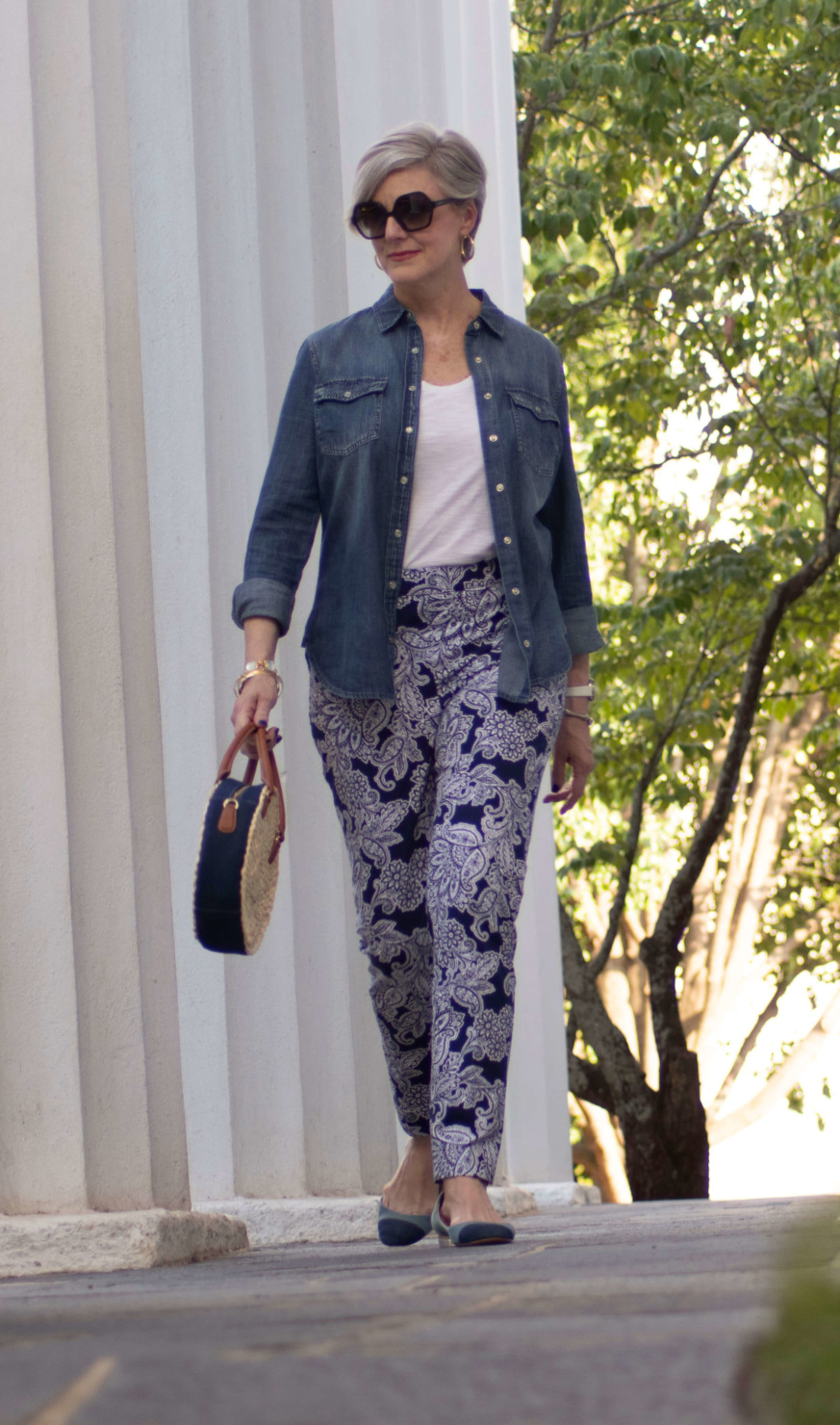 paisley pants, white tee, denim shirt, and ballet flats