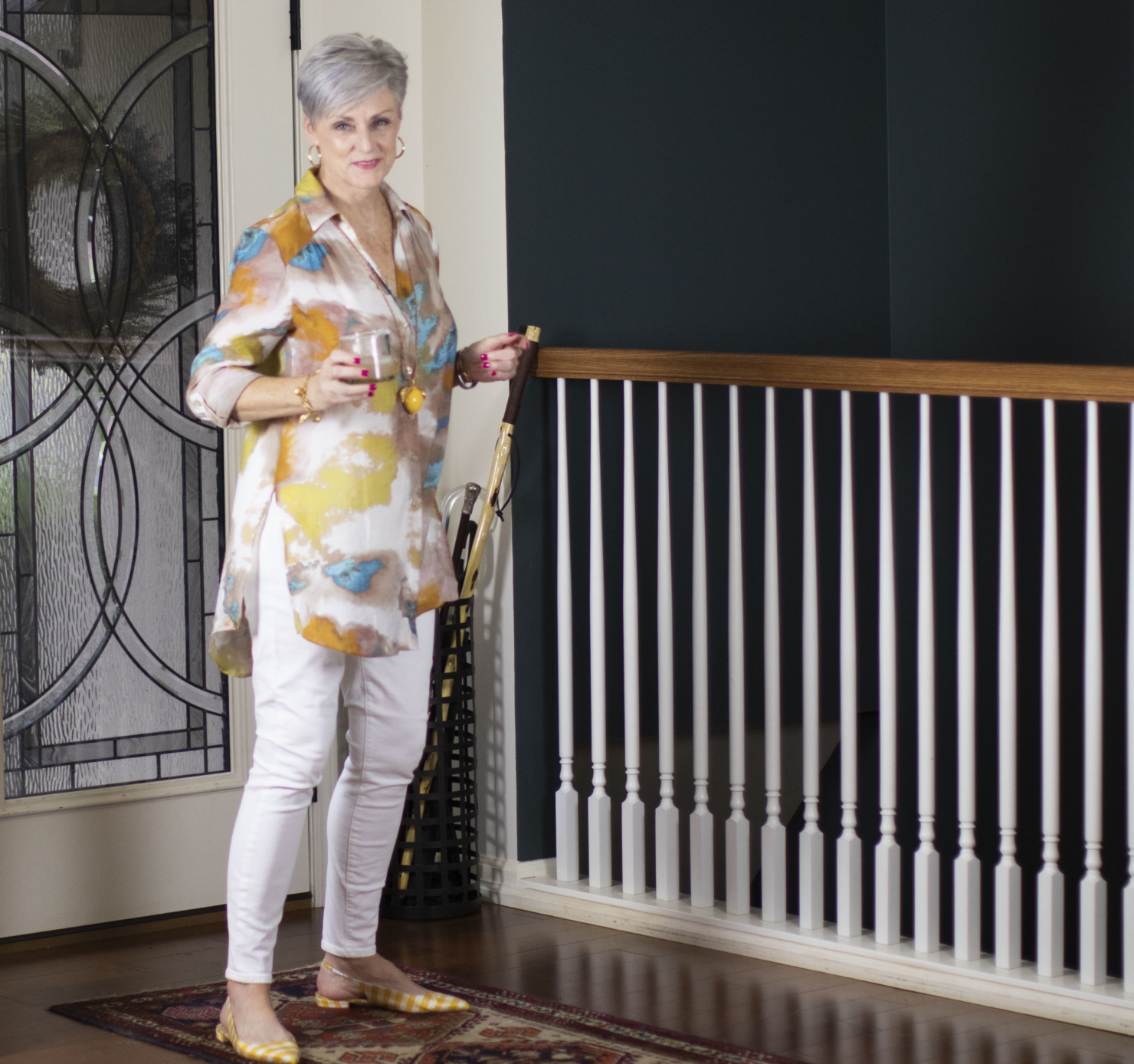 salty dog, watercolor tunic, white denim and gingham slingbacks