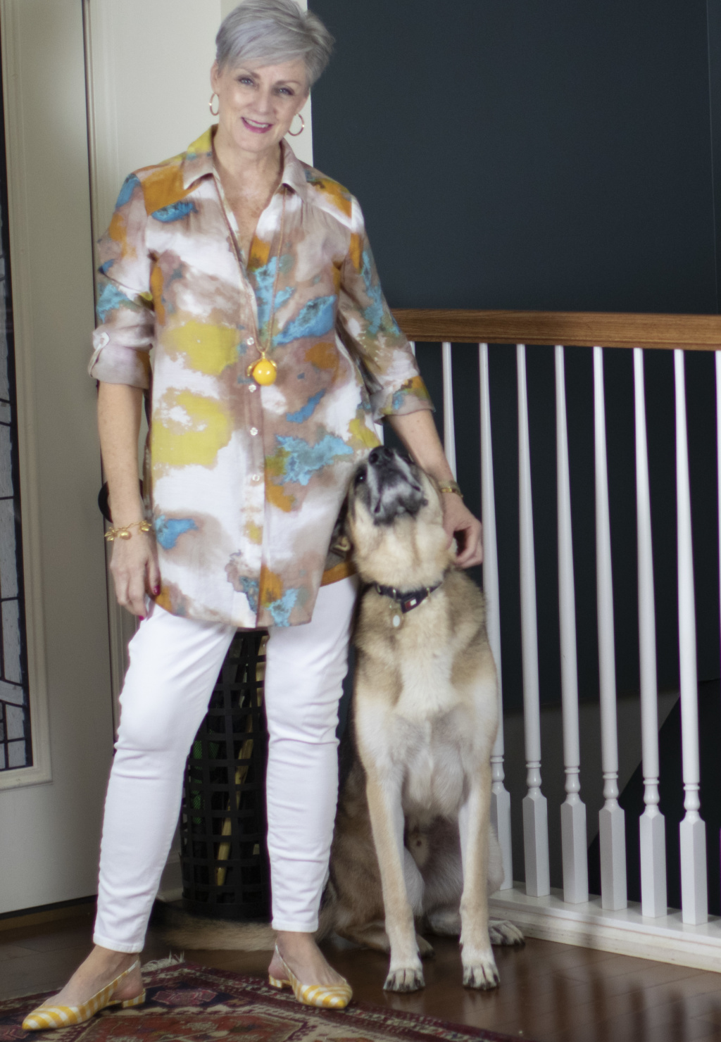 watercolor tunic, white denim and gingham slingbacks